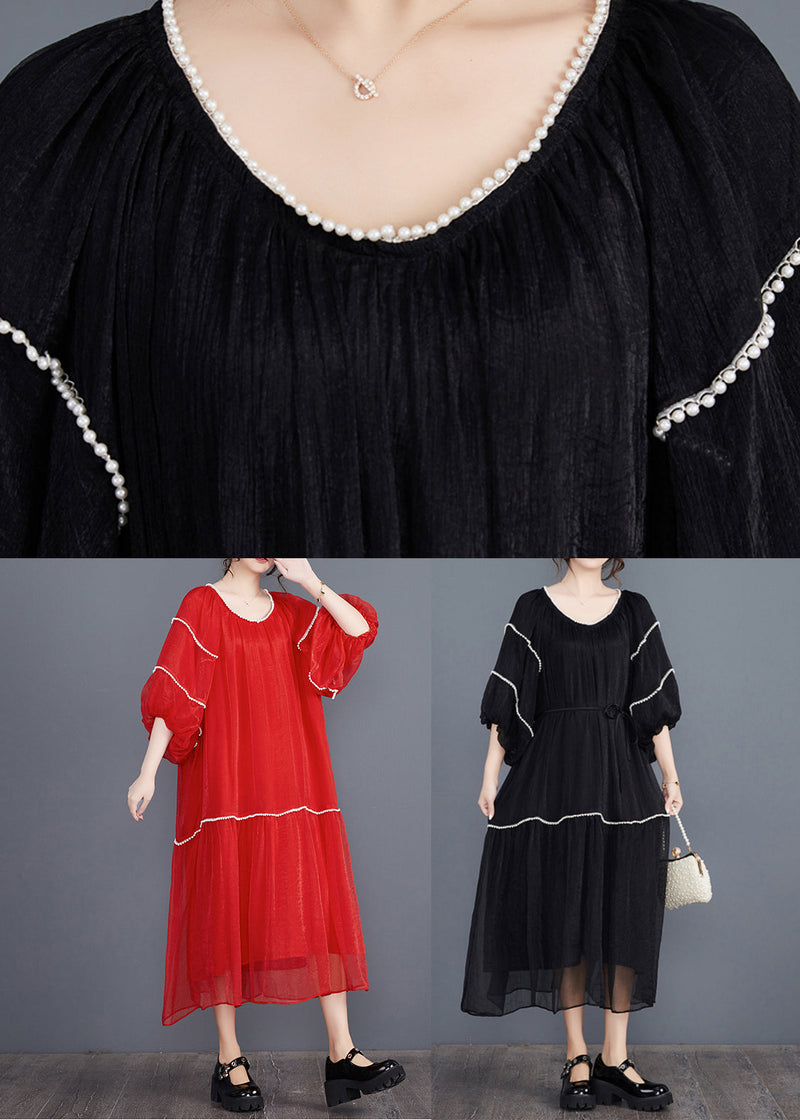 Black Nail Bead Long Dresses Half Sleeve