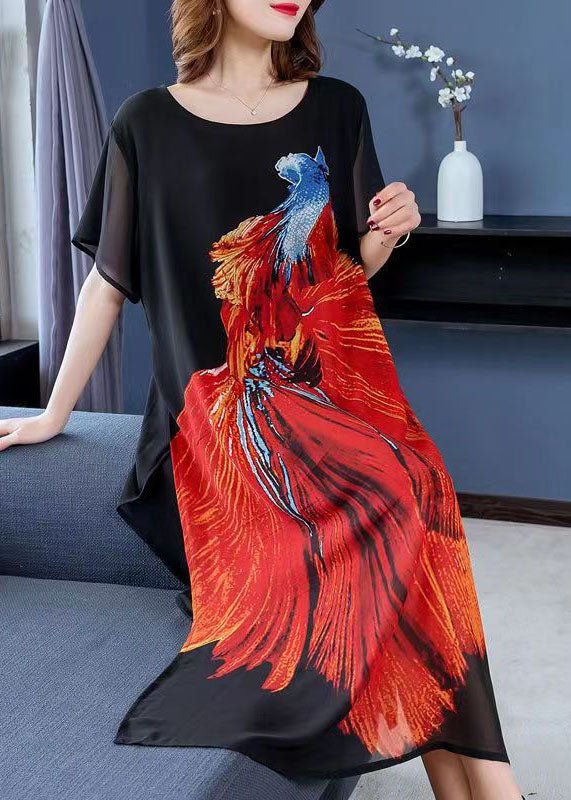 Black O Neck Animal Print Patchwork Chiffon Dresses Summer