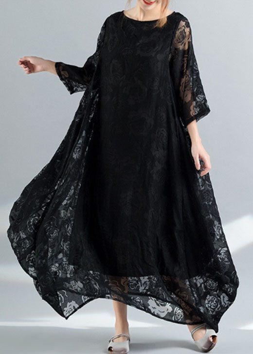 Black O-neck Embroideried Lace Long Dress Bracelet Sleeve