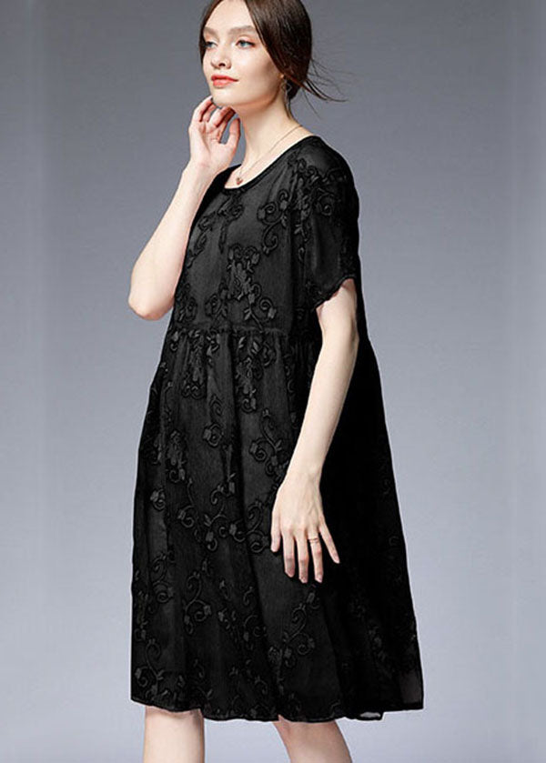Black O-neck Embroideried Patchwork Dresses Two Pieces Set Summer
