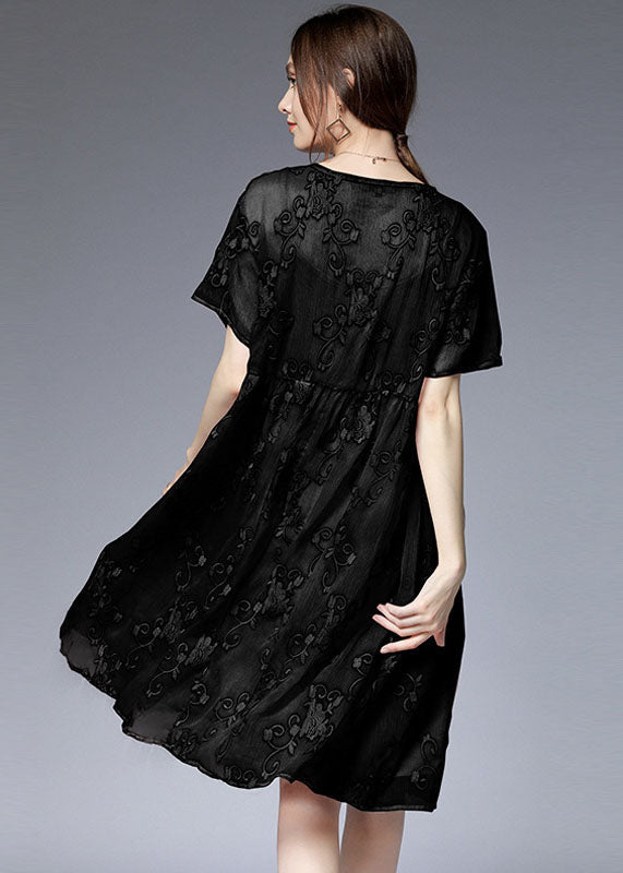 Black O-neck Embroideried Patchwork Dresses Two Pieces Set Summer