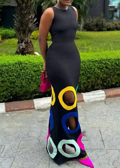 Black O-neck Hollow Out Maxi Dresses Sleeveless