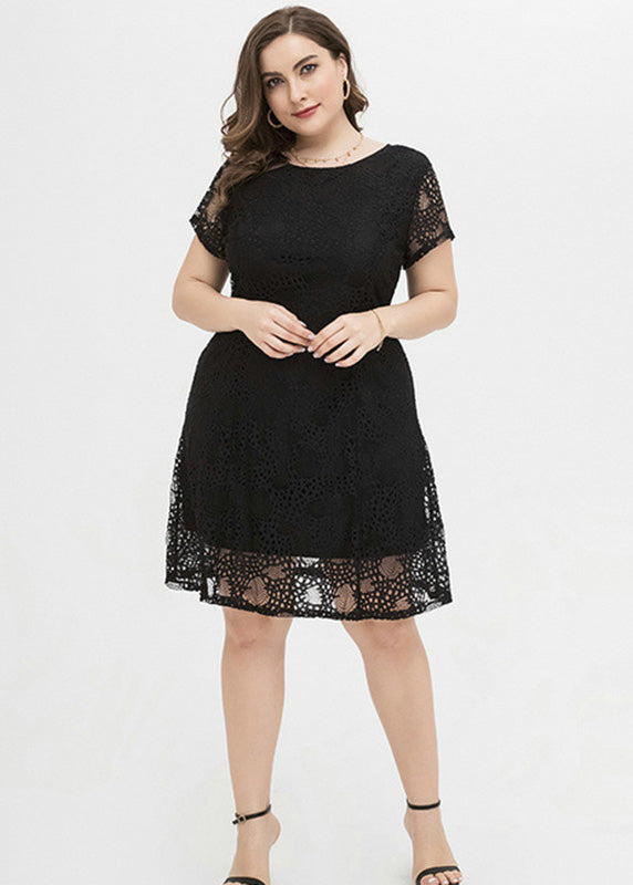 Black O-neck Lace Mid Dress Summer