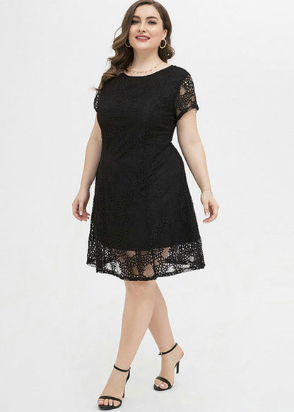 Black O-neck Lace Mid Dress Summer