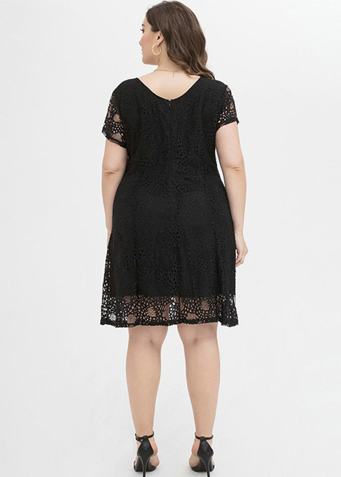Black O-neck Lace Mid Dress Summer
