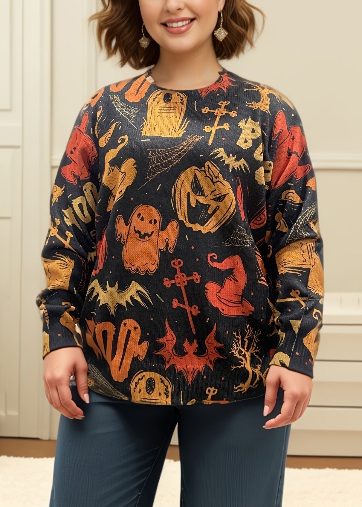 Black O Neck Print Cozy Knit Sweaters Fall