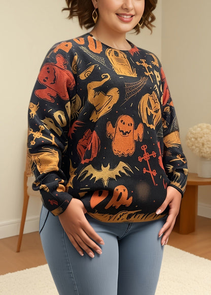 Black O Neck Print Cozy Knit Sweaters Fall