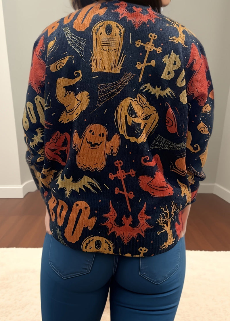 Black O Neck Print Cozy Knit Sweaters Fall