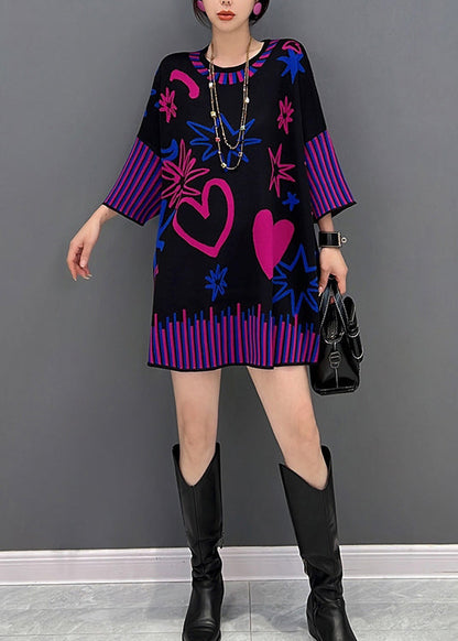 Black O-neck Print Thick Knit Sweater Fall