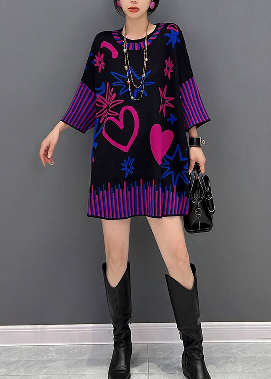 Black O-neck Print Thick Knit Sweater Fall