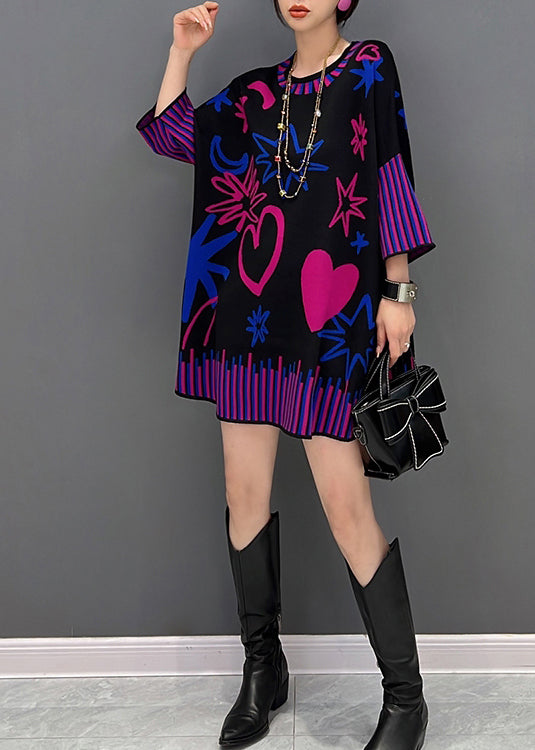 Black O-neck Print Thick Knit Sweater Fall