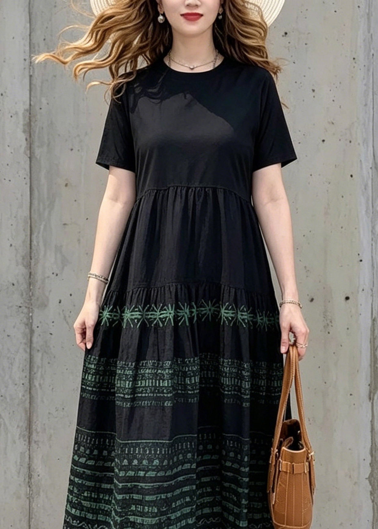 Black O-neck Print Wrinkled Long Dresses Summer
