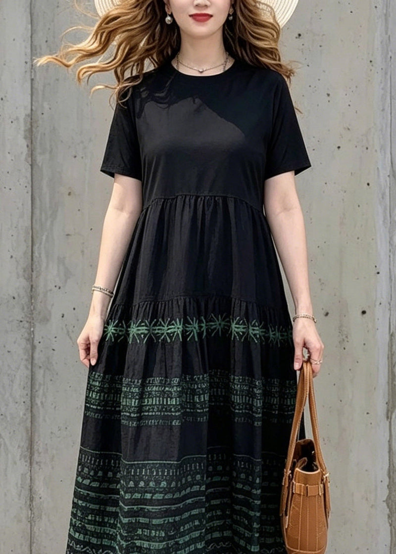 Black O-neck Print Wrinkled Long Dresses Summer