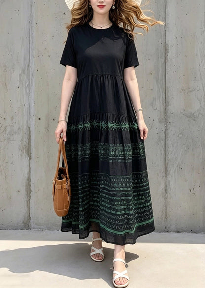 Black O-neck Print Wrinkled Long Dresses Summer