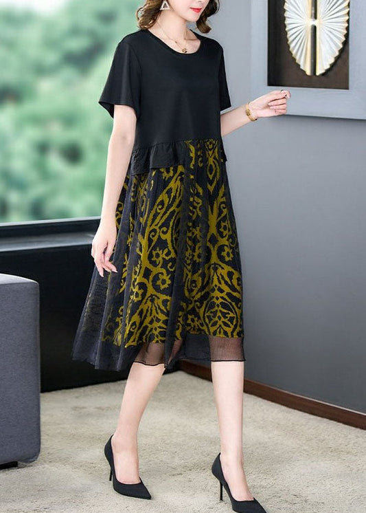 Black O Neck Print Wrinkled Patchwork Silk Dresses Summer