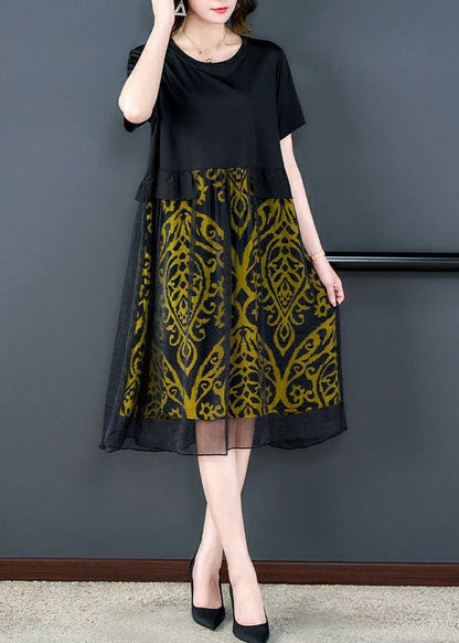 Black O Neck Print Wrinkled Patchwork Silk Dresses Summer