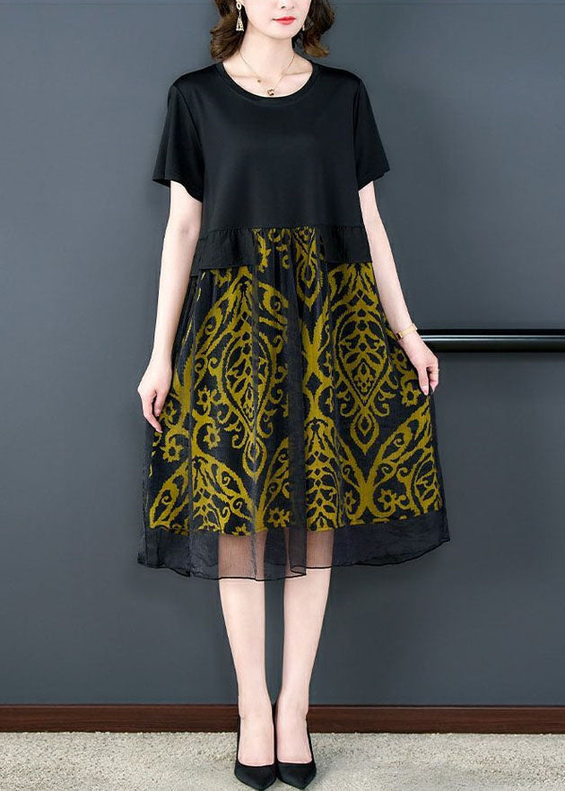 Black O Neck Print Wrinkled Patchwork Silk Dresses Summer