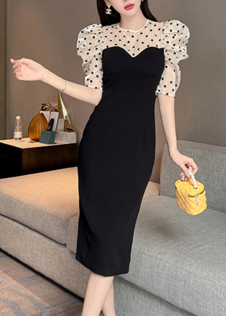 Black O-neck Tulle Patchwork Dot Maxi Dresses Puff Sleeve