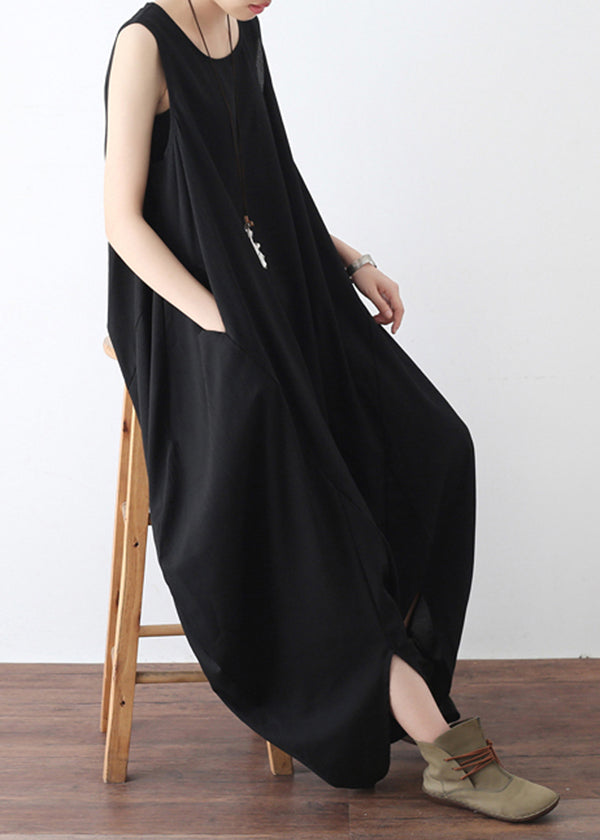 Black O-neck Zip Up Draping Pocket Chiffon Jumpsuit Sleeveless