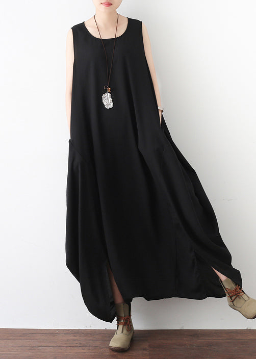 Black O-neck Zip Up Draping Pocket Chiffon Jumpsuit Sleeveless