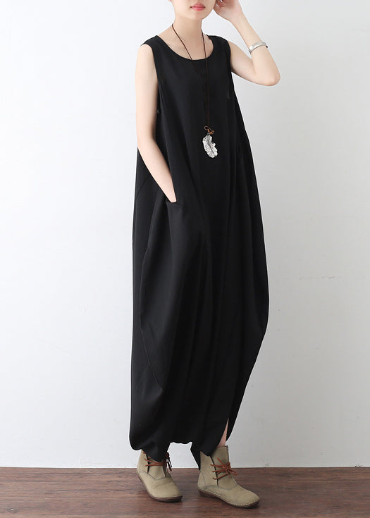 Black O-neck Zip Up Draping Pocket Chiffon Jumpsuit Sleeveless