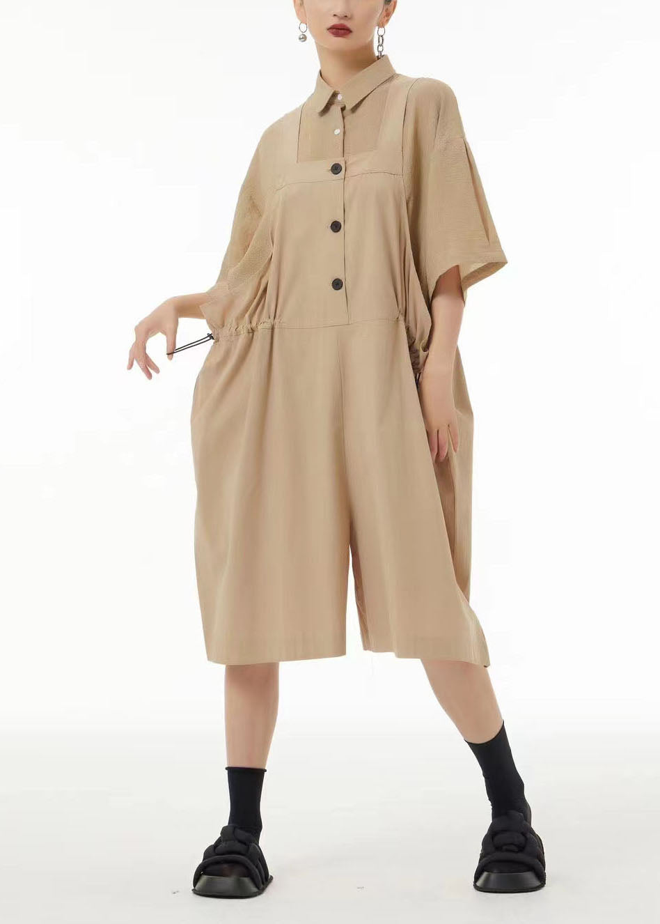 Black Oversized Drawstring Cotton Overalls Jumpsuit Jumpsuits Summer