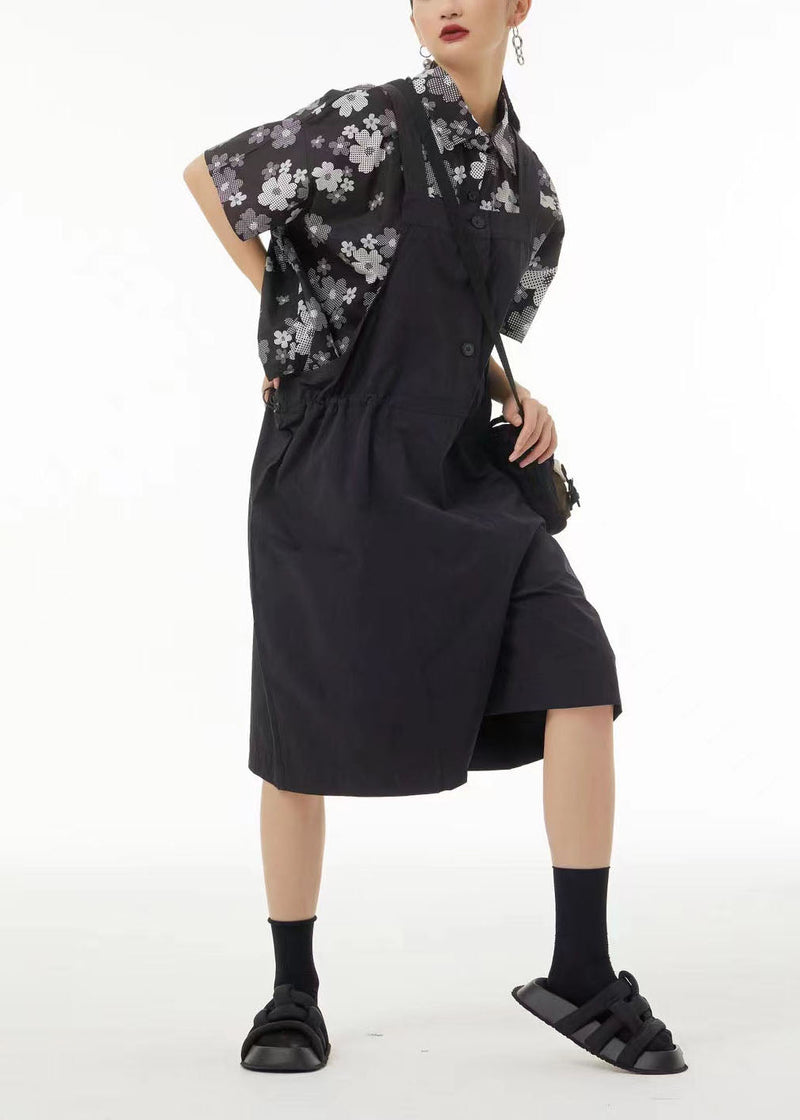 Black Oversized Drawstring Cotton Overalls Jumpsuit Jumpsuits Summer
