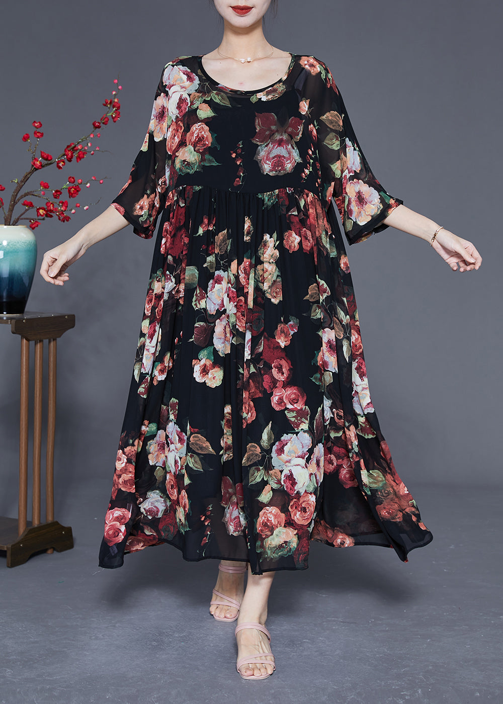 Black Oversized Print Chiffon Dress Summer