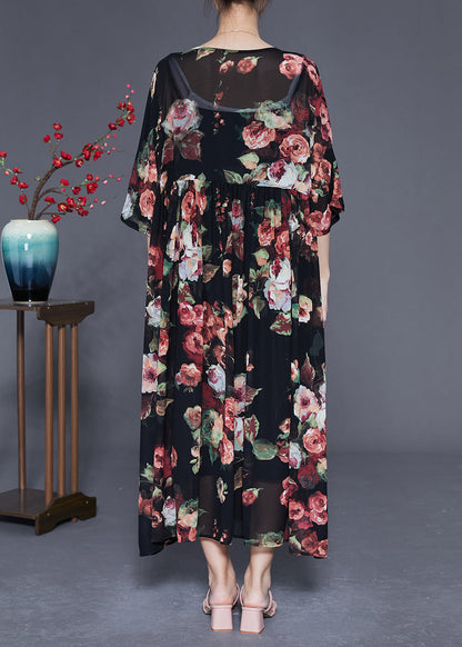 Black Oversized Print Chiffon Dress Summer
