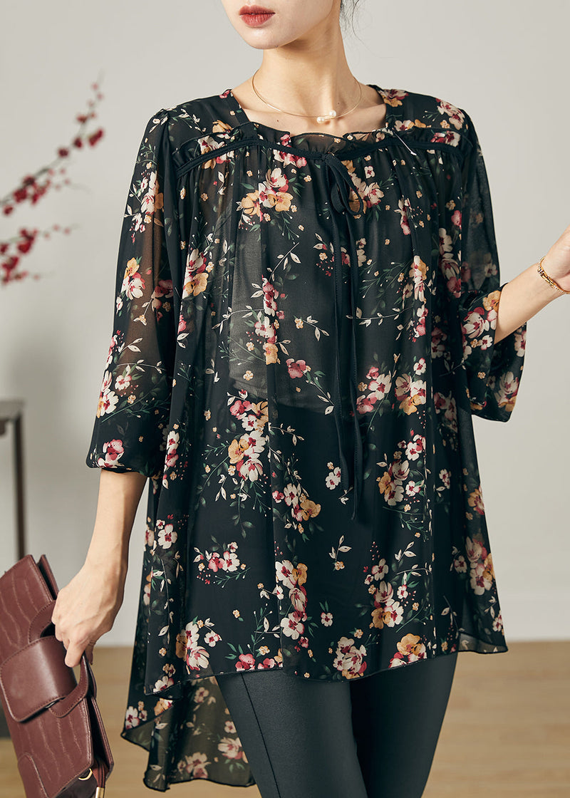 Black Oversized Print Chiffon Shirt Summer