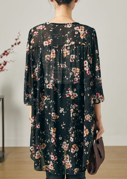 Black Oversized Print Chiffon Shirt Summer