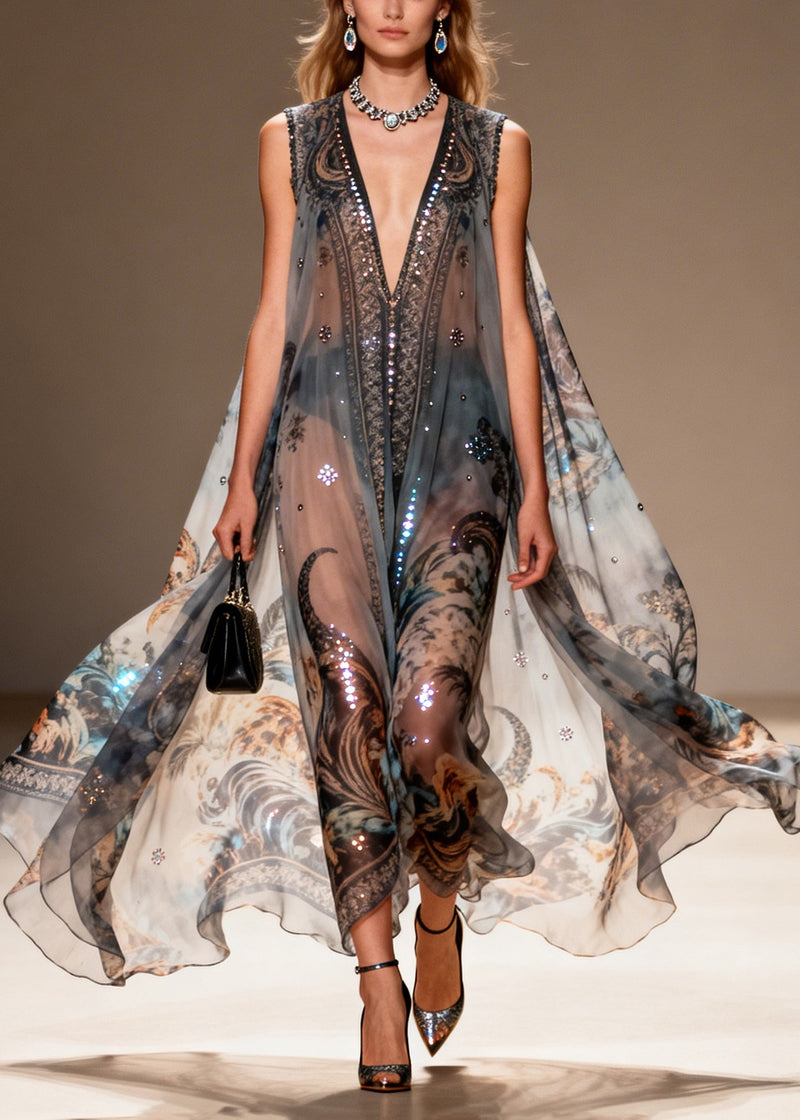 Black Oversized Print Sparkly Chiffon Sheer Dresses Summer