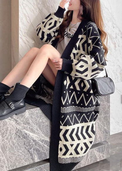 Black Oversized Print Thick Knit Loose Cardigan Winter