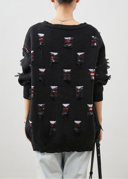 Black Oversized Ripped Thick Knit Coat Spring
