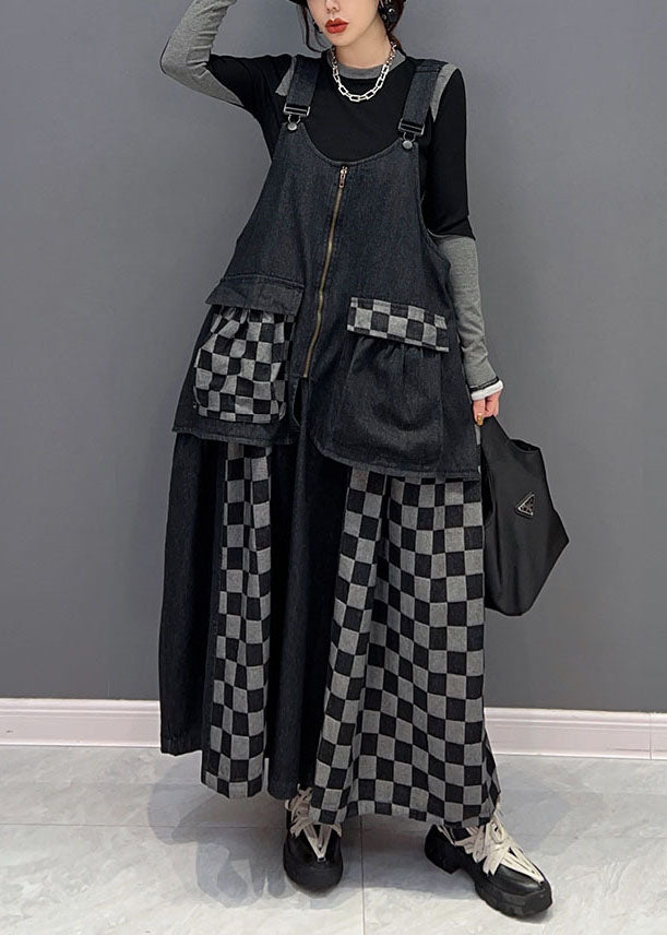 Black Patchwork Cotton Denim Strap Dresses Spring
