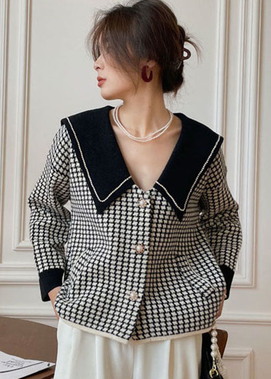 Black Peter Pan Collar Plaid Knit Coat Spring