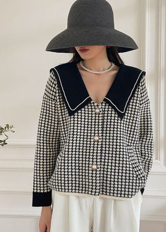 Black Peter Pan Collar Plaid Knit Coat Spring