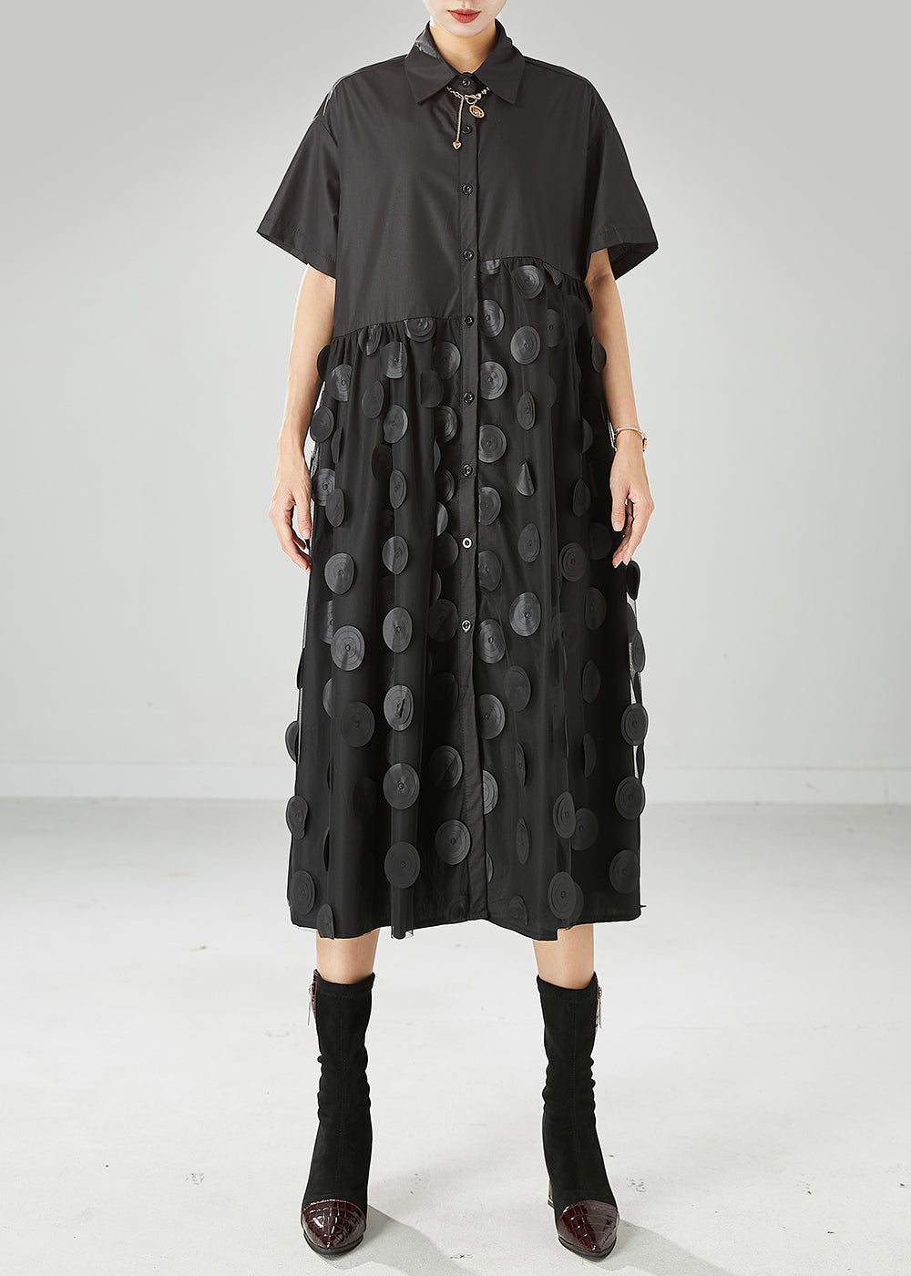 Black Peter Pan Collar Tulle Patchwork Cotton Maxi Dresses Summer
