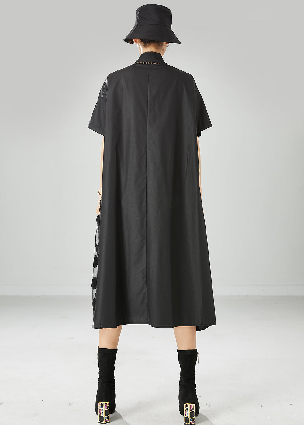 Black Peter Pan Collar Tulle Patchwork Cotton Maxi Dresses Summer
