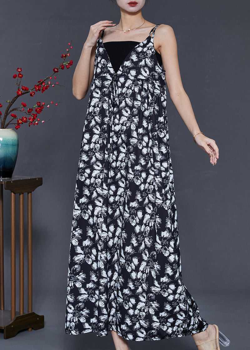 Black Print Exra Large Hem Chiffon Sundress Summer
