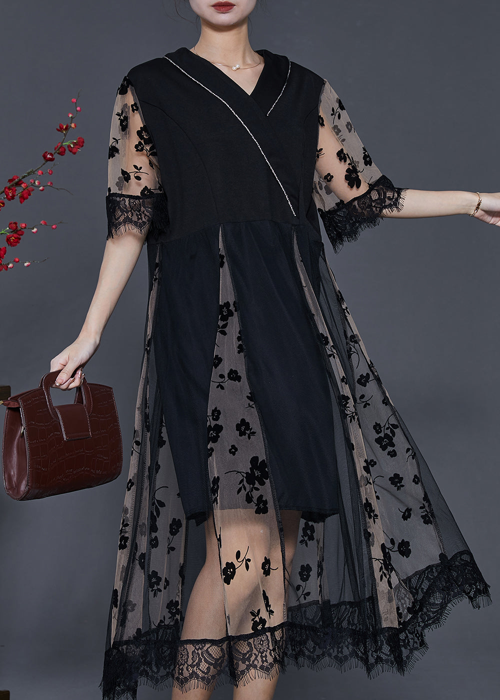 Black Print Patchwork Tulle Dresses Summer