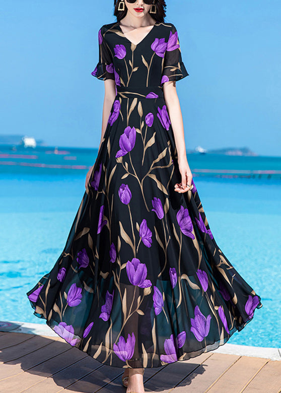 Black Print Tunic Silk Maxi Traveling Dress Short Sleeve