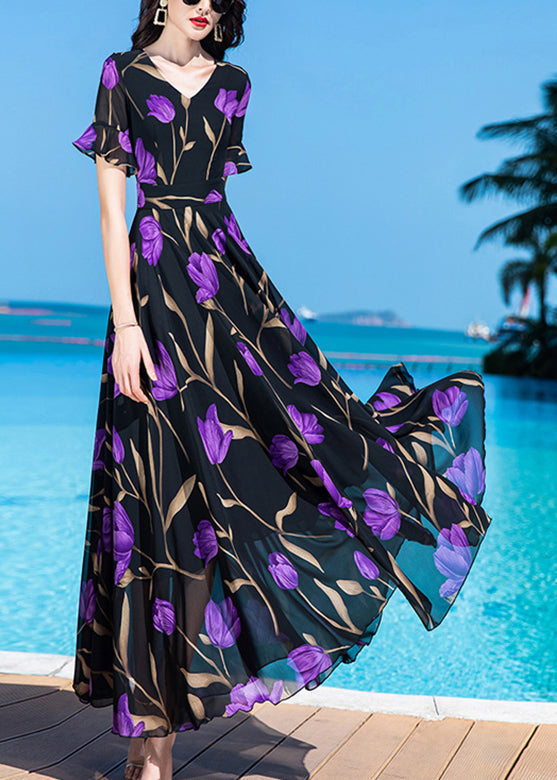 Black Print Tunic Silk Maxi Traveling Dress Short Sleeve