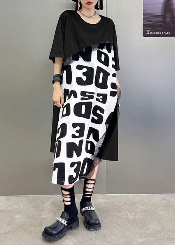 Black Print Asymmetrical Design Graphic Short Sleeve Maxi Dresses