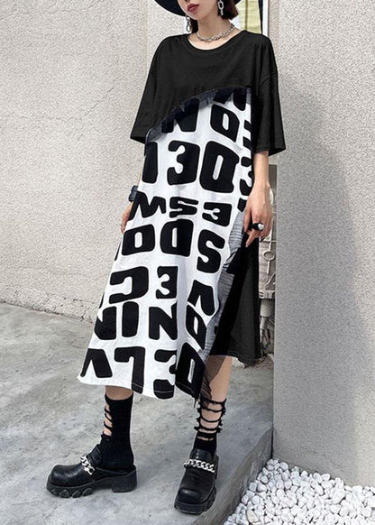 Black Print Asymmetrical Design Graphic Short Sleeve Maxi Dresses