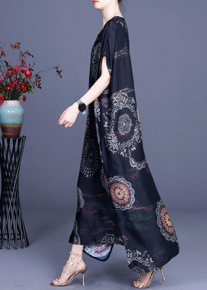 Black Print Side Open Silk Summer Ankle Dress