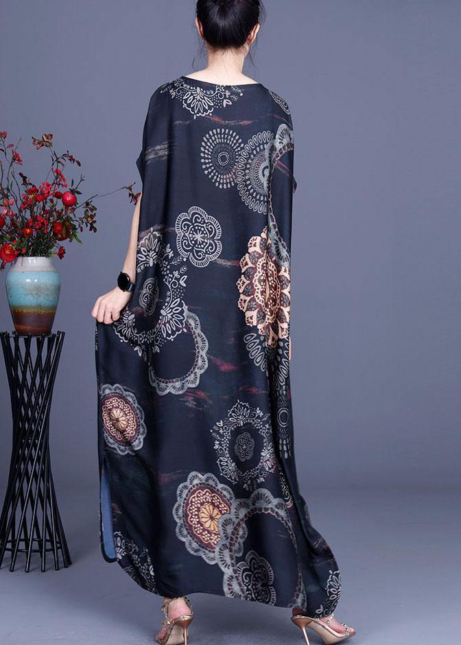 Black Print Side Open Silk Summer Ankle Dress