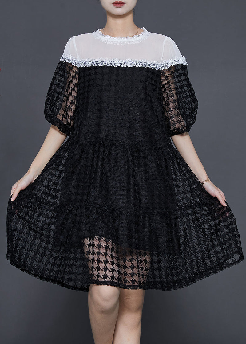 Black Puff Sleeve Patchwork Chiffontulle Maxi Dress Summer