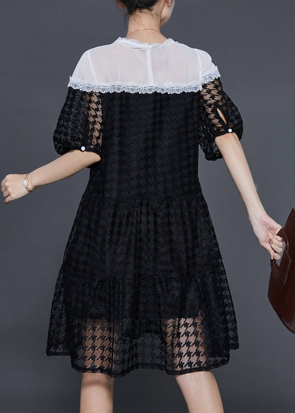 Black Puff Sleeve Patchwork Chiffontulle Maxi Dress Summer