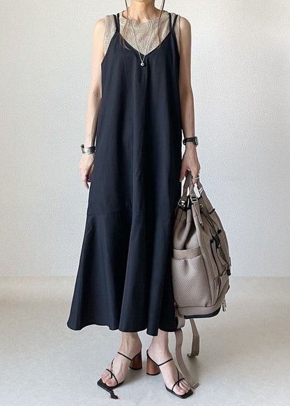 Black Ruffled Patchwork Spaghetti Strap Cotton Dresses Sleeveless